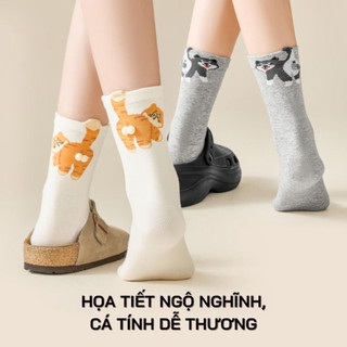 Combo 3 tất cotton họa tiết mèo dễ thương, chất liệu bông cao cấp mềm mịn, co giãn thoáng khí, bền màu Life Plus - TGN06