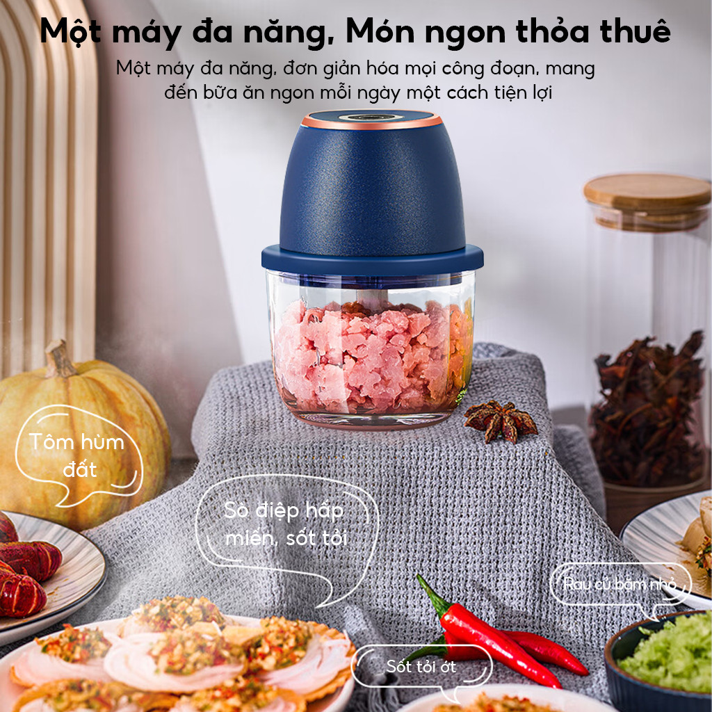 Máy xay tỏi, ớt điện nhỏ gọn, tiện lợi với lưỡi dao bằng thép không gỉ 3 lưỡi