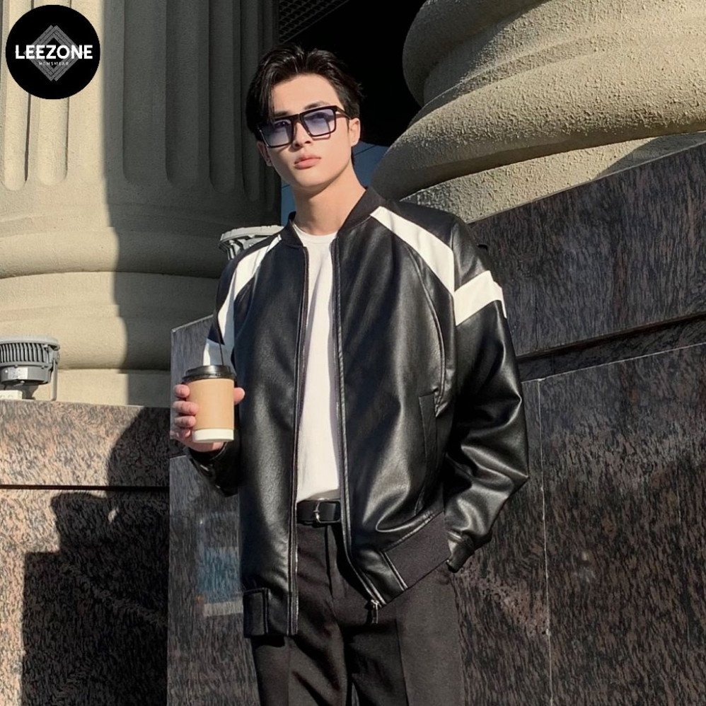 Áo khoác Da PU cao cấp cho nam LeeZone | Bomber Da PU Đen với phối trắng thời trang, dày đẹp``` Boy Phố 2025