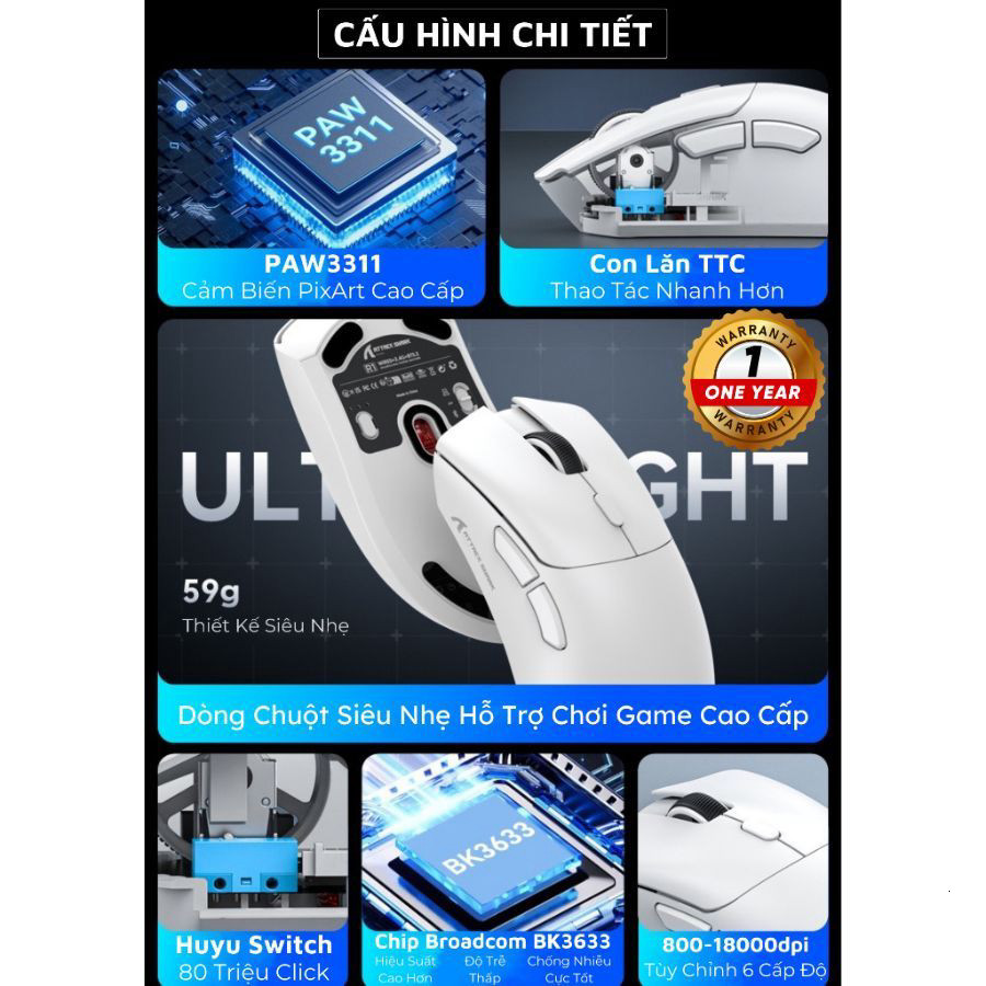 Chuột Gaming Không Dây Attack Shark R1-X11 Siêu Nhẹ Chip Paw3311 Cực Mạnh 3 Chế Độ Kết Nối Bluetooth / 2.4G / Type-C
