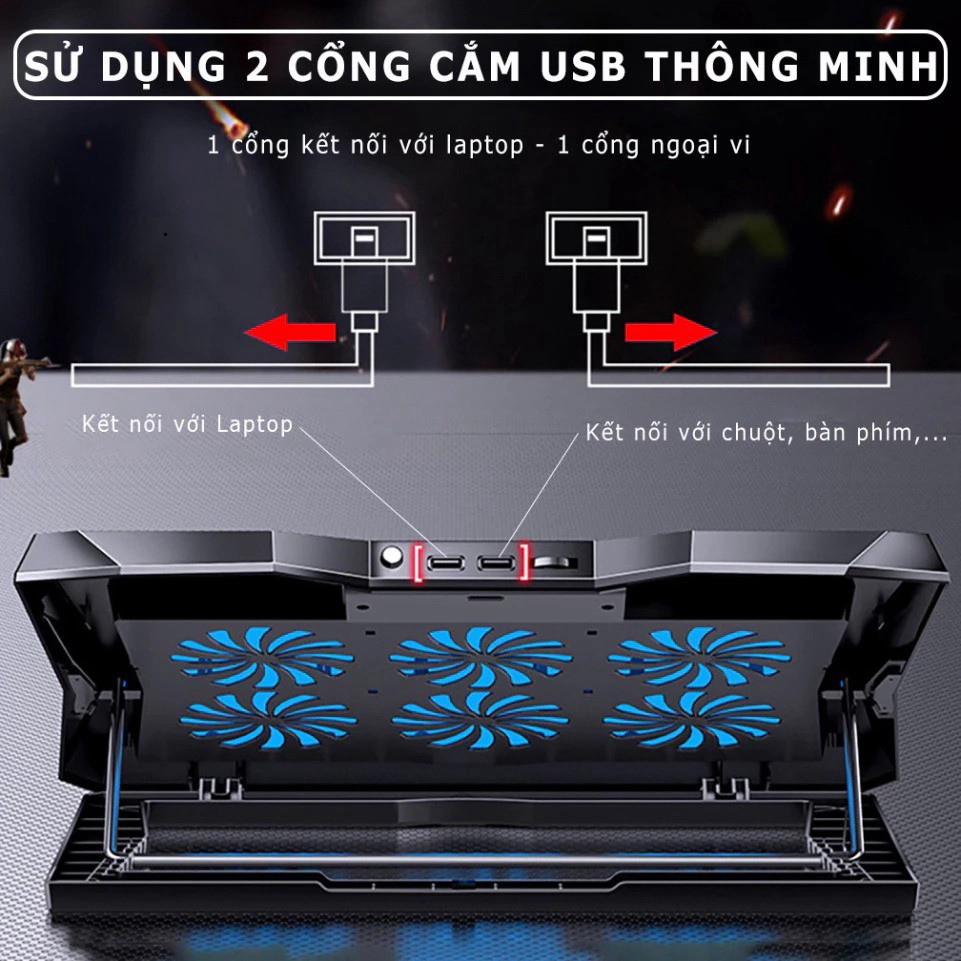 Đế tản nhiệt laptop HEYTECH Q3 có 6 quạt làm mát nhanh chống ồn đèn led gaming giúp tăng hiệu năng bảo vệ máy tính