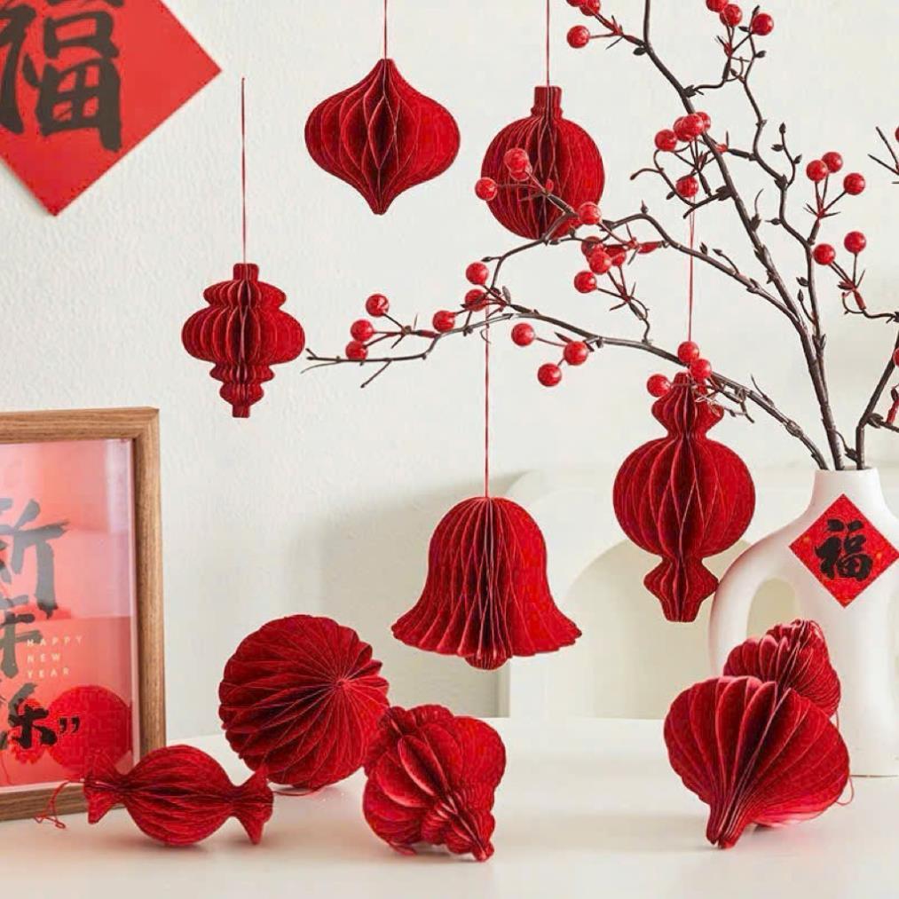 Set 10 Đèn Lồng Giấy Đỏ Đủ Hình Trang Trí Tết Decor Siêu Đẹp