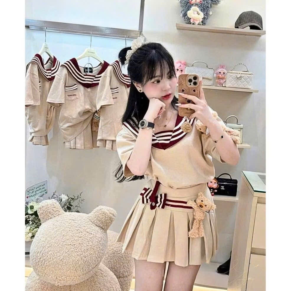 < Tặng 2 Charm Gấu Bông> Sét Váy Khăn Thuỷ Thủ Basic Dễ Thương Mix Chân Váy Xếp Ly Chất Umi Xịn Đẹp