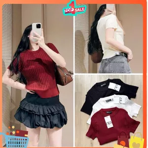 018 Áo len đũa dọc tay dệt kim cọc tay bo cổ