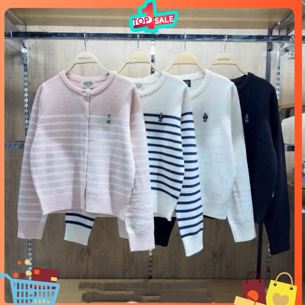 MỚI 2025 Áo len cardigan nữ dáng rộng thêu gấu sọc ngang dễ thương chất len dày mịn hot hit đủ màu