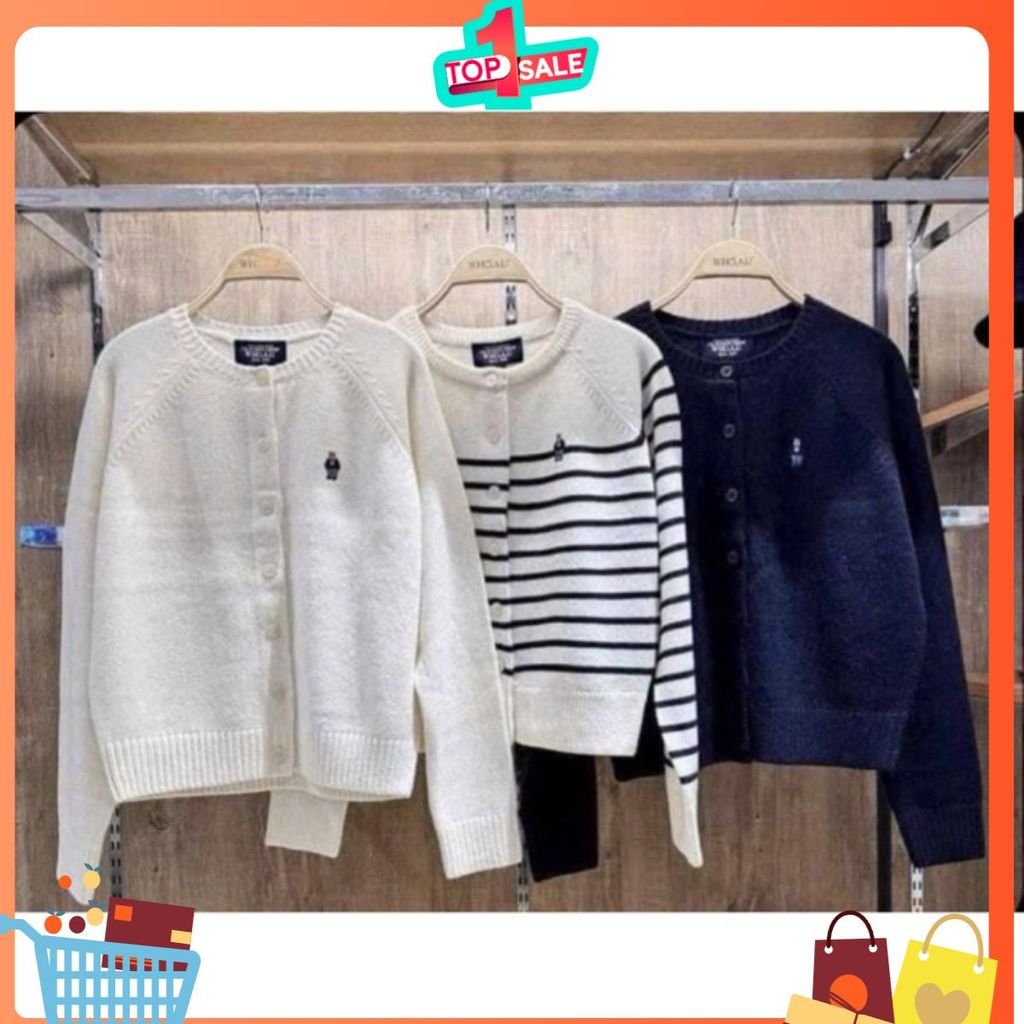 ÁO LEN THÊU GẤU W.H.O THAN, TRẮNG,KẺ CARDIGAN  hót nhất 2024