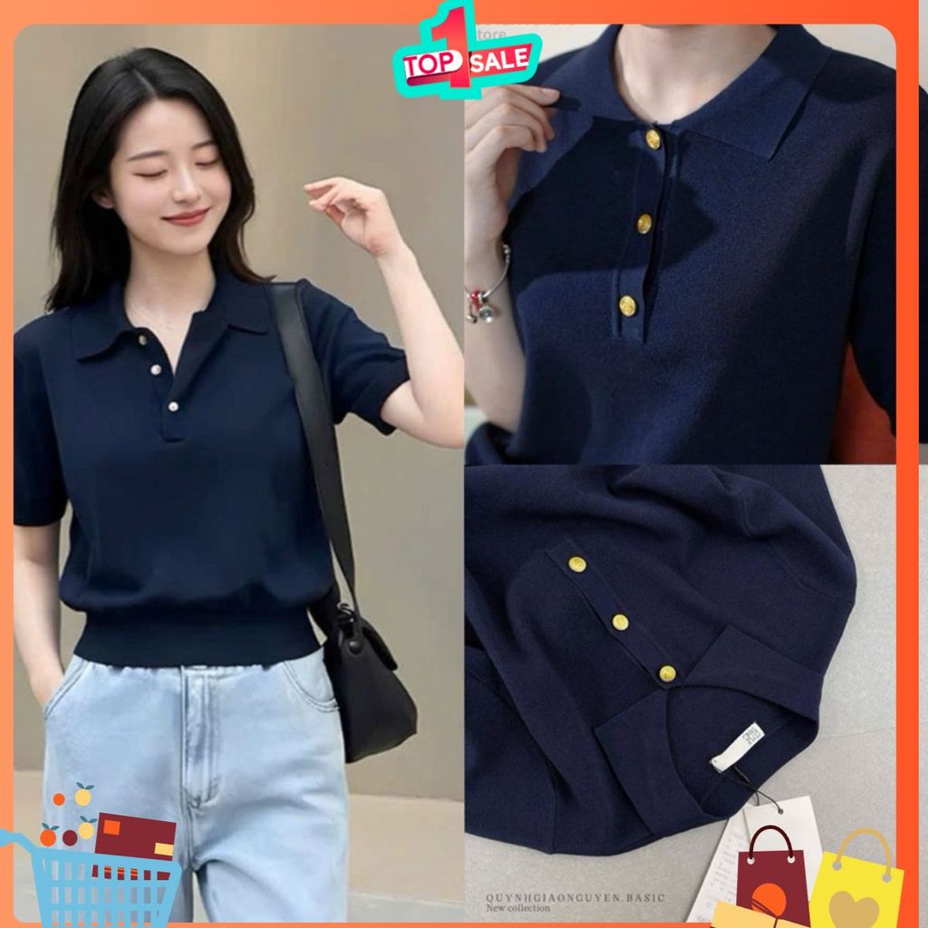 [Sỉ + Hot] Áo len dệt cổ bẻ tay ngắn kèm nút vàng sang trọng - tông xanh than basic kèm ảnh thật