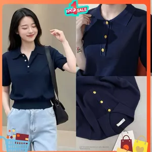 Áo len dệt cổ bẻ tay ngắn kèm nút vàng sang trọng - tông xanh than basic kèm ảnh thật