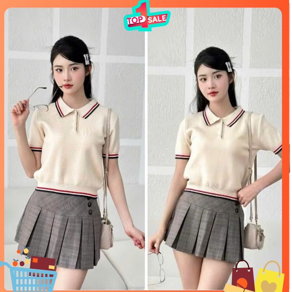 [ New 2025 ] Áo polo dệt kim nữ viền kẻ sang trọng, form đẹp, chất mềm mịn, co giãn thoải mái, dễ phối đồ