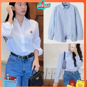 Áo sơ mi dài tay thêu GẤU form rộng, chất Oxford cao cấp, phong cách Hàn Quốc