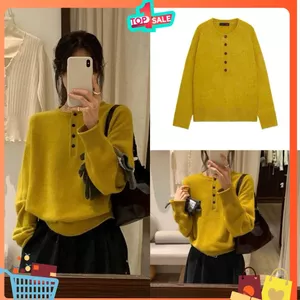 Áo len vàng cổ tròn khuy ngực 5 cúc dáng basic chất len dệt mềm mịn mặc thu đông siêu xinh hot hit