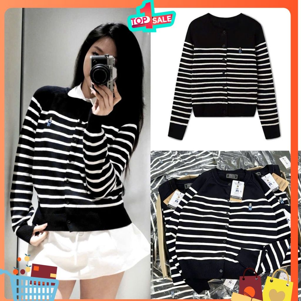 (Mới 2025) Áo cardigan len sọc ngang kẻ đen thêu gấu dáng suông tay dài chất len mềm mịn, dễ phối đồ hot hit