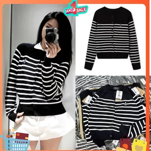 Áo cardigan len sọc ngang kẻ đen thêu gấu dáng suông tay dài chất len mềm mịn, dễ phối đồ hot hit