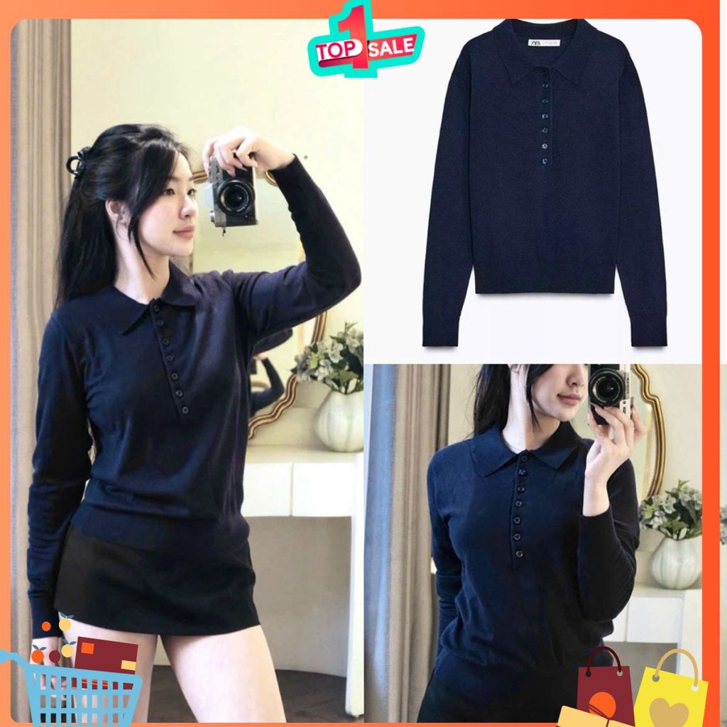 (Mới 2025) Áo len dài tay dệt kim cổ polo xanh than 7 cúc cao cấp, chất len mềm mịn hot hit