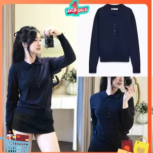 Áo len dài tay dệt kim cổ polo xanh than 7 cúc cao cấp, chất len mềm mịn hot hit