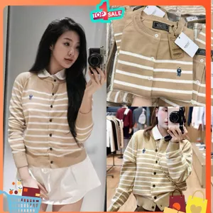 Áo cardigan len gấu thêu logo gấu xanh, họa tiết kẻ ngang be trắng nhẹ nhàng hot hit