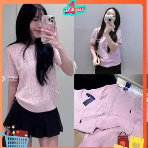 Áo len nữ cộc tay túi thêu ngựa màu hồng dáng basic, dệt kim mịn, cổ tròn trẻ trung Hàng Chuẩn Xịn