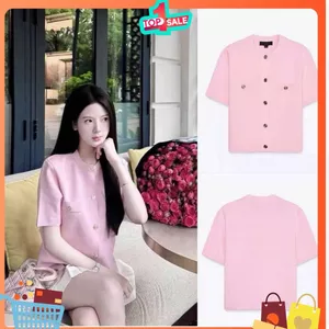 Áo Len Nữ Cardigan Tay Ngắn Túi Giả – Màu Hồng Xinh Xắn, Sang Trọng Hàng Chuẩn Xịn