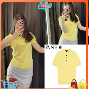 New 2026 Áo polo len dệt kim tay ngắn cổ bẻ màu vàng tươi trẻ trung, phối nút đen nổi bật Kèm Ảnh Thật