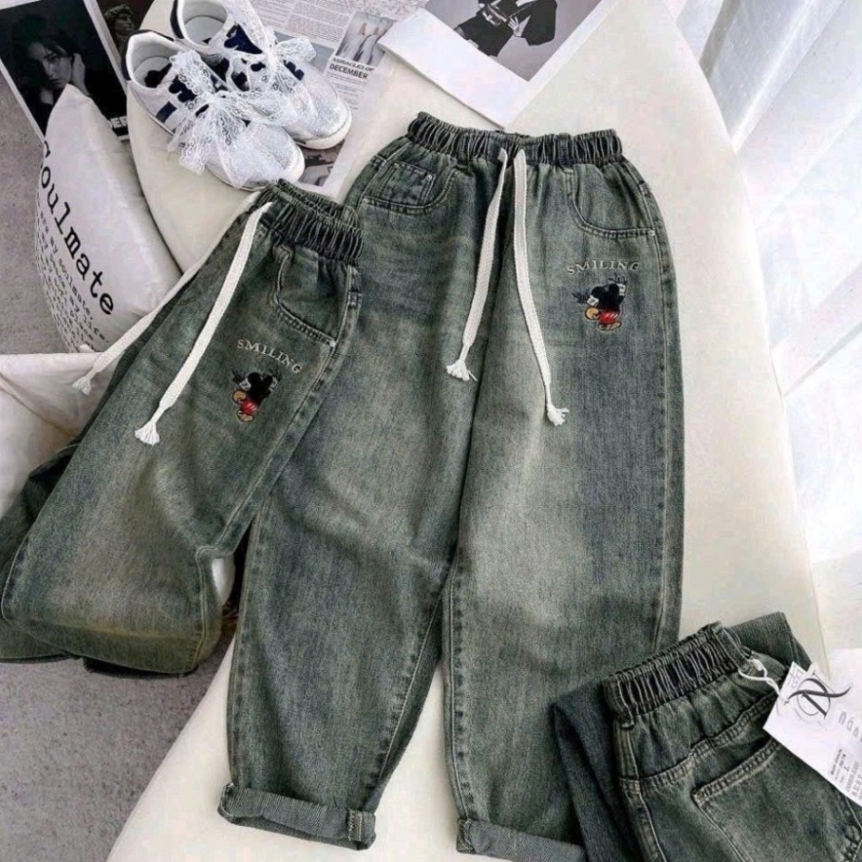 [ 38-95kg ] Quần jean Nữ dáng Baggy thêu hình Mickey Xinh sắn hàng Cao Cấp Bigsize