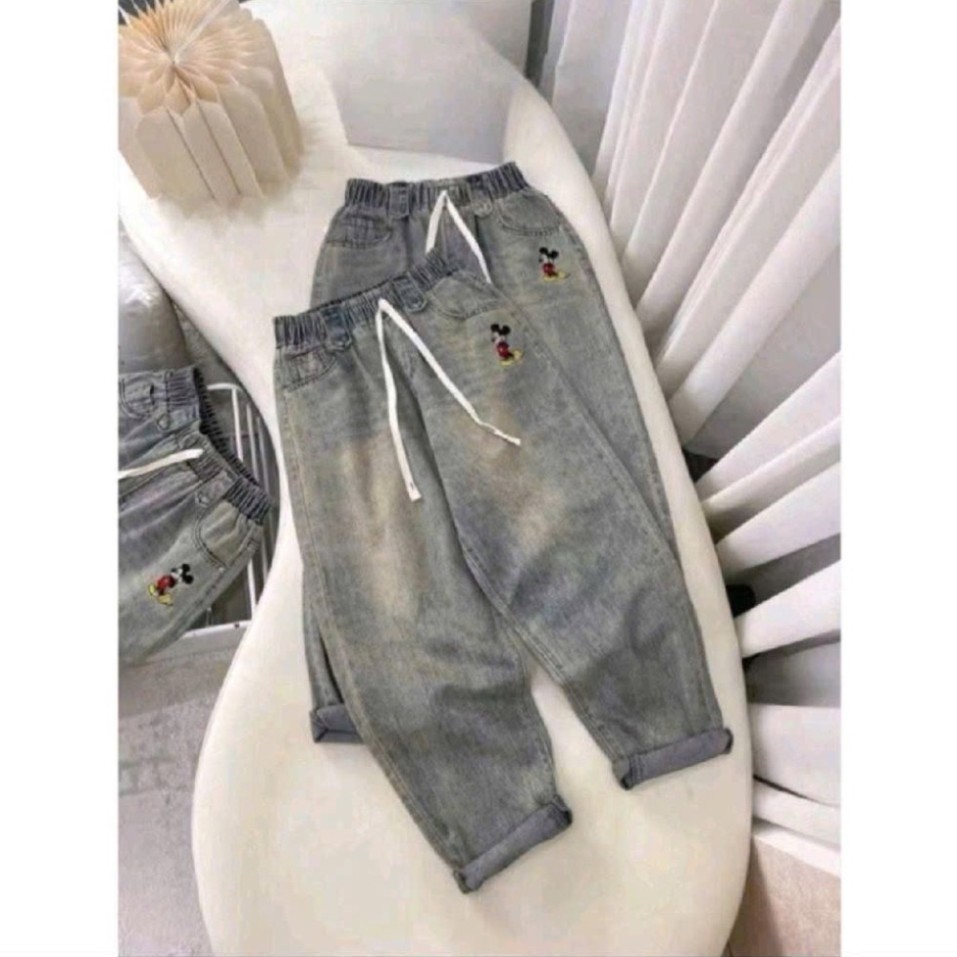 [ 38-95kg ] Quần jean Nữ dáng Baggy thêu hình Mickey Xinh sắn hàng Cao Cấp Bigsize