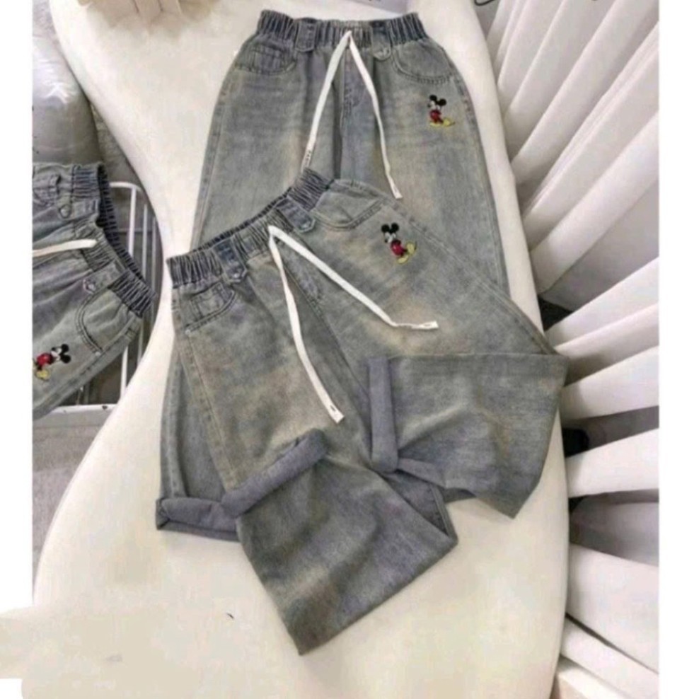 [ 38-95kg ] Quần jean Nữ dáng Baggy thêu hình Mickey Xinh sắn hàng Cao Cấp Bigsize