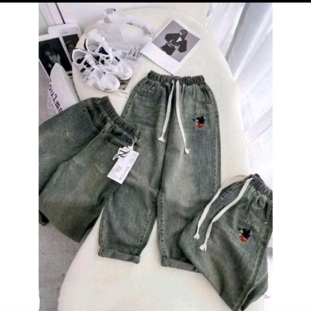 [ 38-95kg ] Quần jean Nữ dáng Baggy thêu hình Mickey Xinh sắn hàng Cao Cấp Bigsize