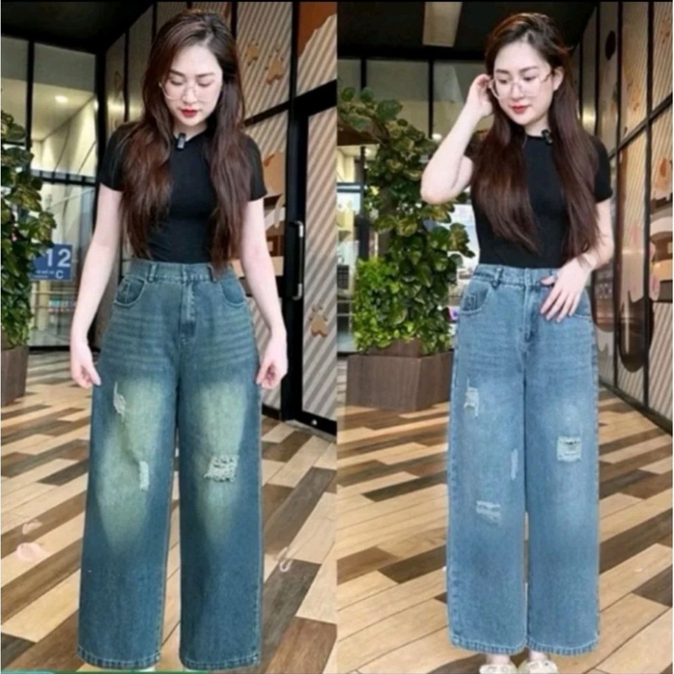 Quần Nấm jeans dài 90cm Dáng suông cho nữ Cạp khóa lưng chun sau chất jaen mềm 38-70kg