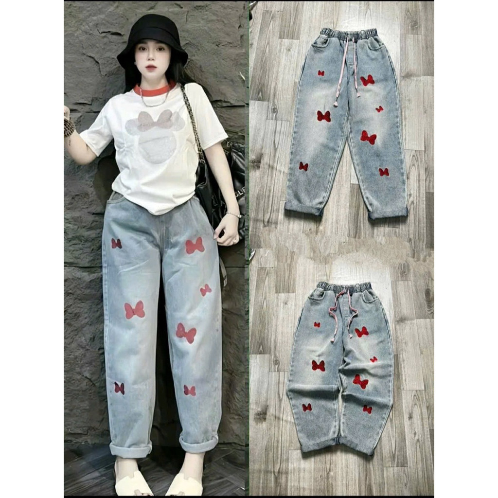 Quần Baggy Thêu Hình xinh sắn chất jean mềm 38-75kg Bigsize