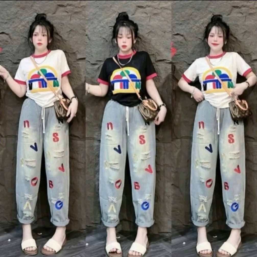 Quần Baggy Thêu Hình xinh sắn chất jean mềm 38-75kg Bigsize