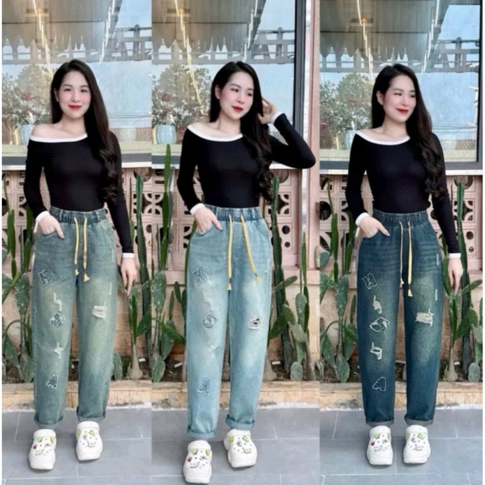 Quần Jaen nữ dáng Baggy Thêu Chữ Nổi QCCC 38-75kg Bản dây rút vàng