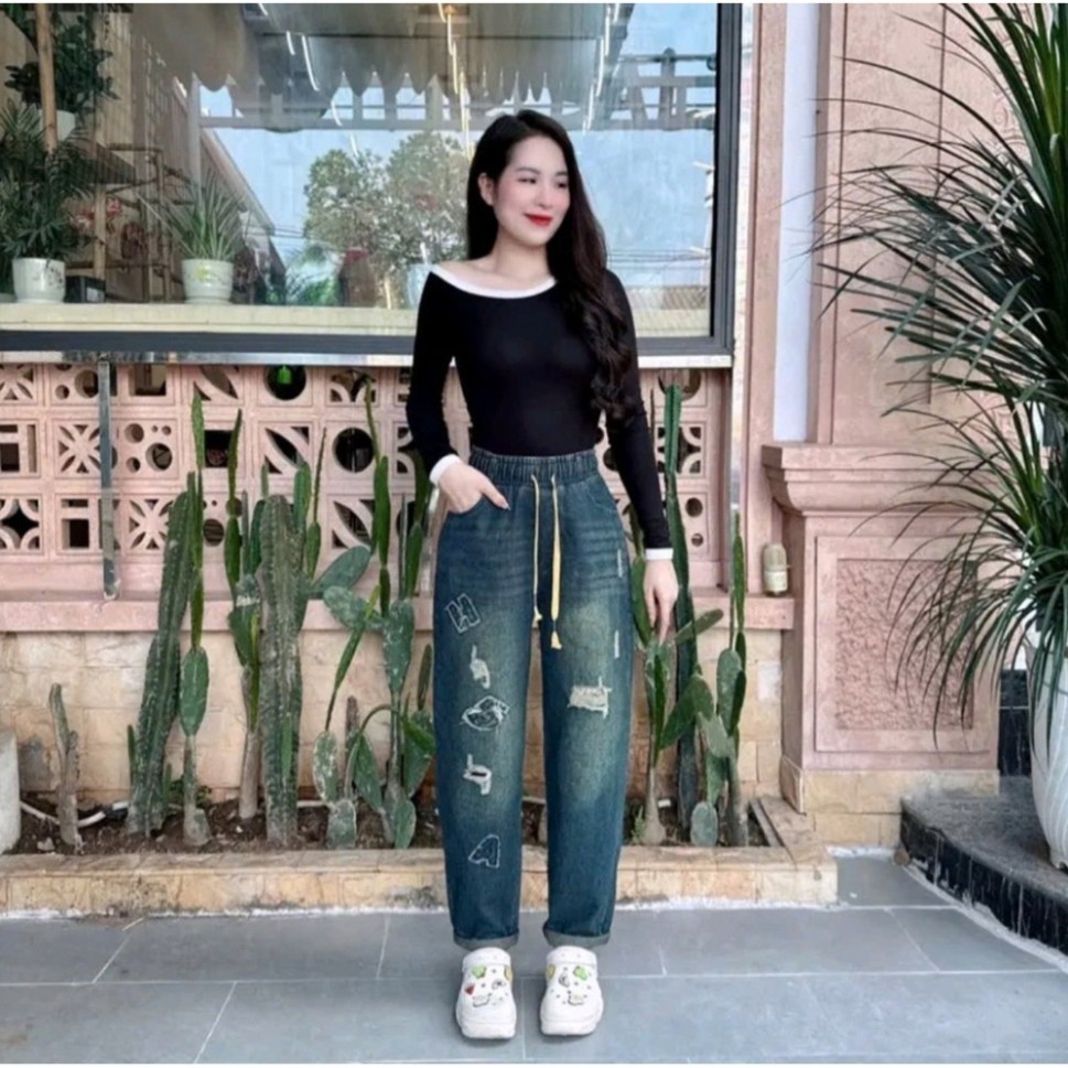 Quần Jaen nữ dáng Baggy Thêu Chữ Nổi QCCC 38-75kg Bản dây rút vàng