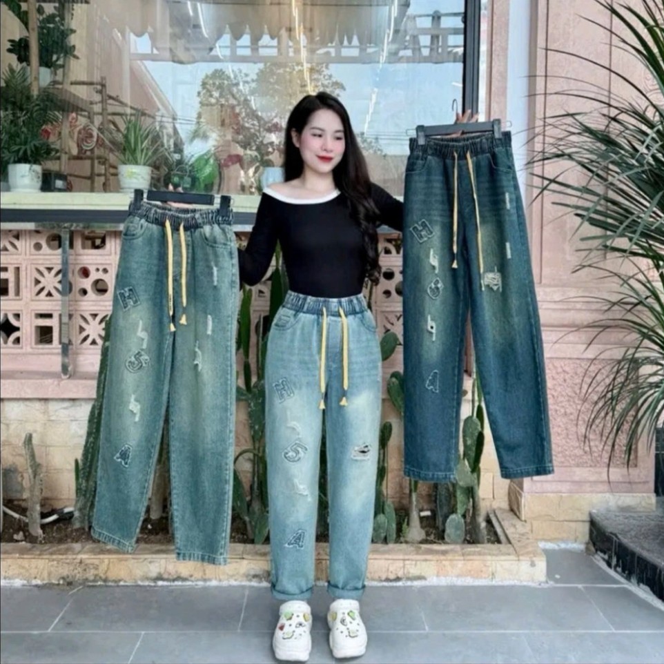 Quần Jaen nữ dáng Baggy Thêu Chữ Nổi QCCC 38-75kg Bản dây rút vàng