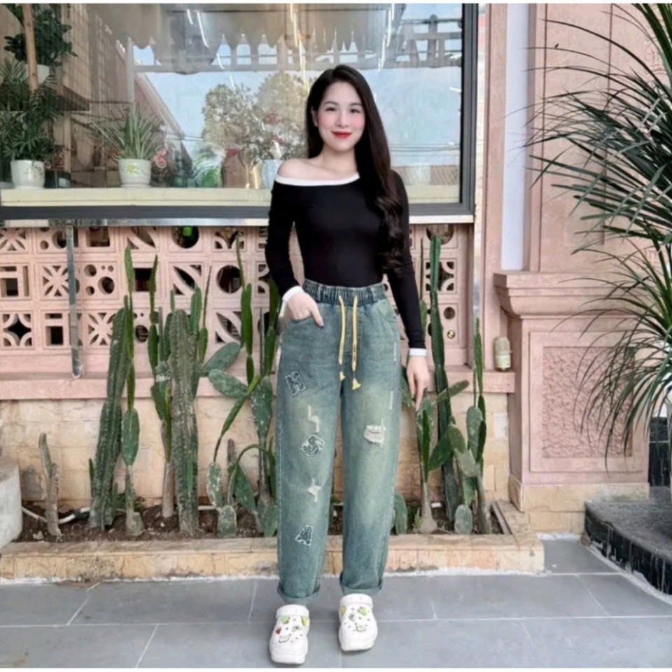 Quần Jaen nữ dáng Baggy Thêu Chữ Nổi QCCC 38-75kg Bản dây rút vàng