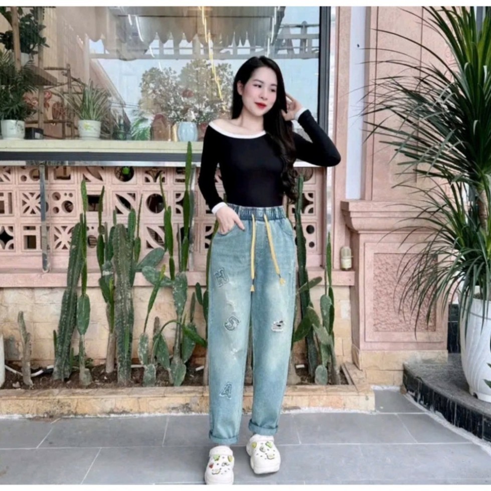 Quần Jaen nữ dáng Baggy Thêu Chữ Nổi QCCC 38-75kg Bản dây rút vàng