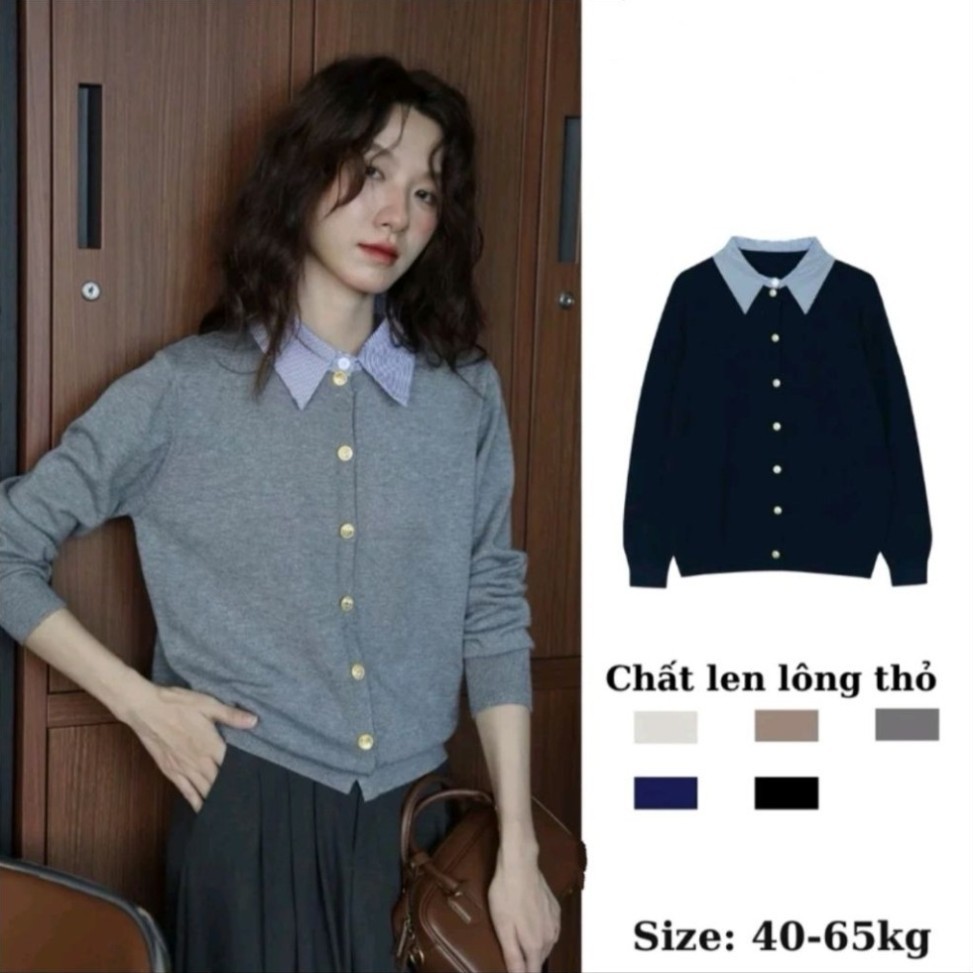 Áo Thun lông thỏ phối cổ sơ mi đính cúc đồng nổi bật sang chảnh cho nữ