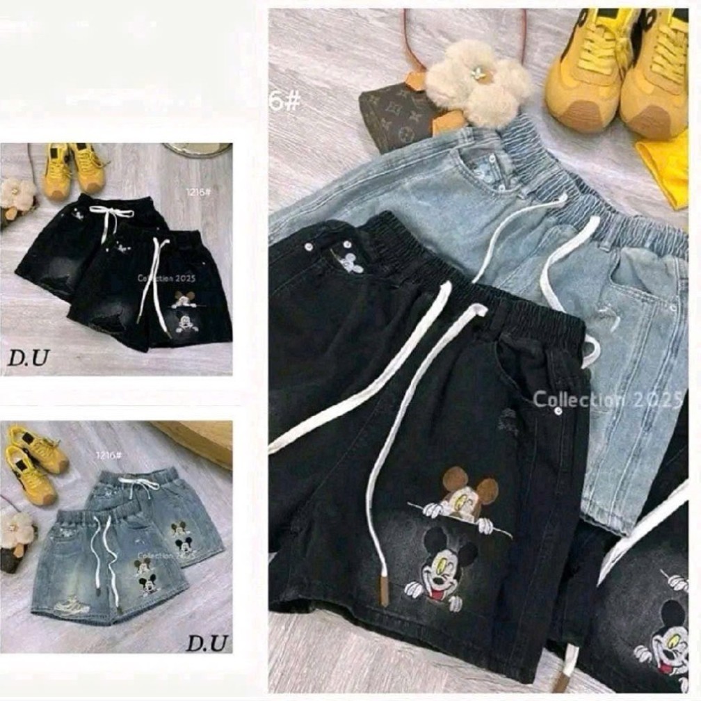 QCCC Quần Đùi Jean Nữ Thêu Hình Bản Cạp Chun Thỏai Mái Collection 2025