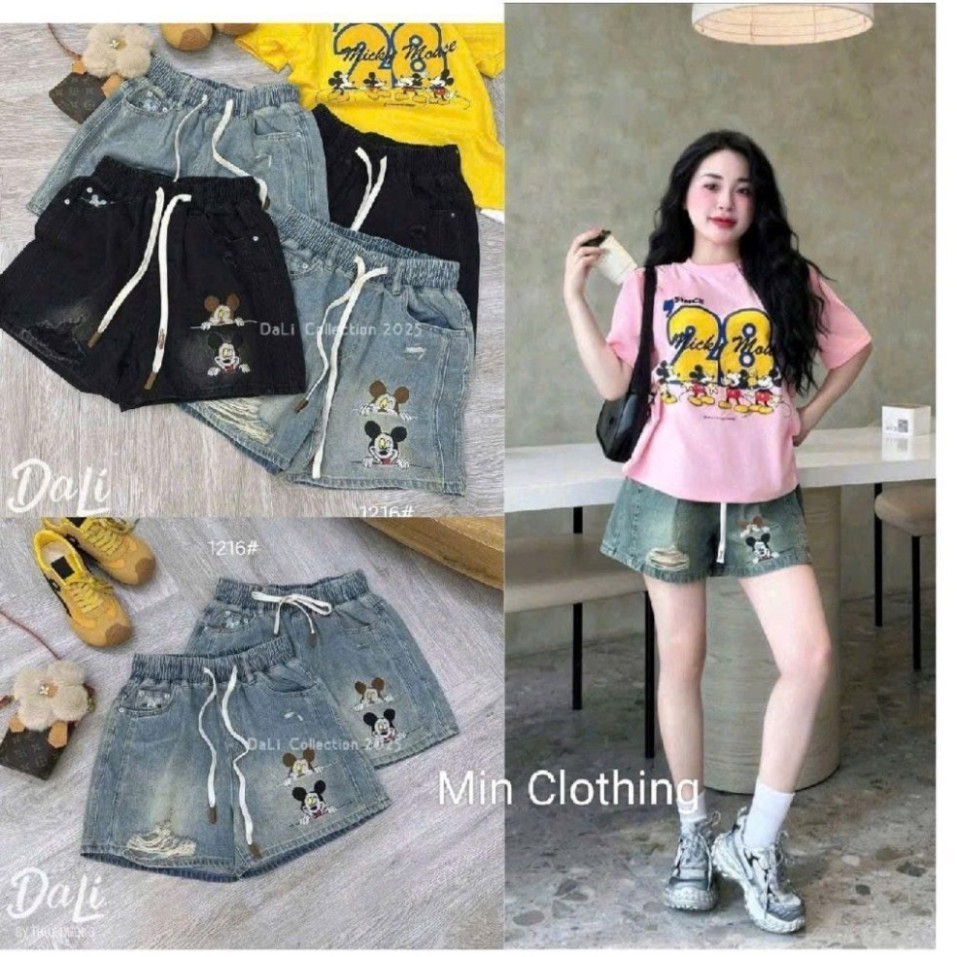QCCC Quần Đùi Jean Nữ Thêu Hình Bản Cạp Chun Thỏai Mái Collection 2025