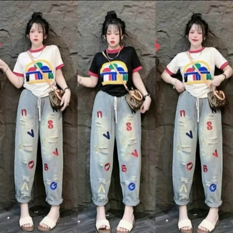 Quần Baggy Jean nữ hàng QCCC chất jean mềm hàng Bigsize Thêu chữ