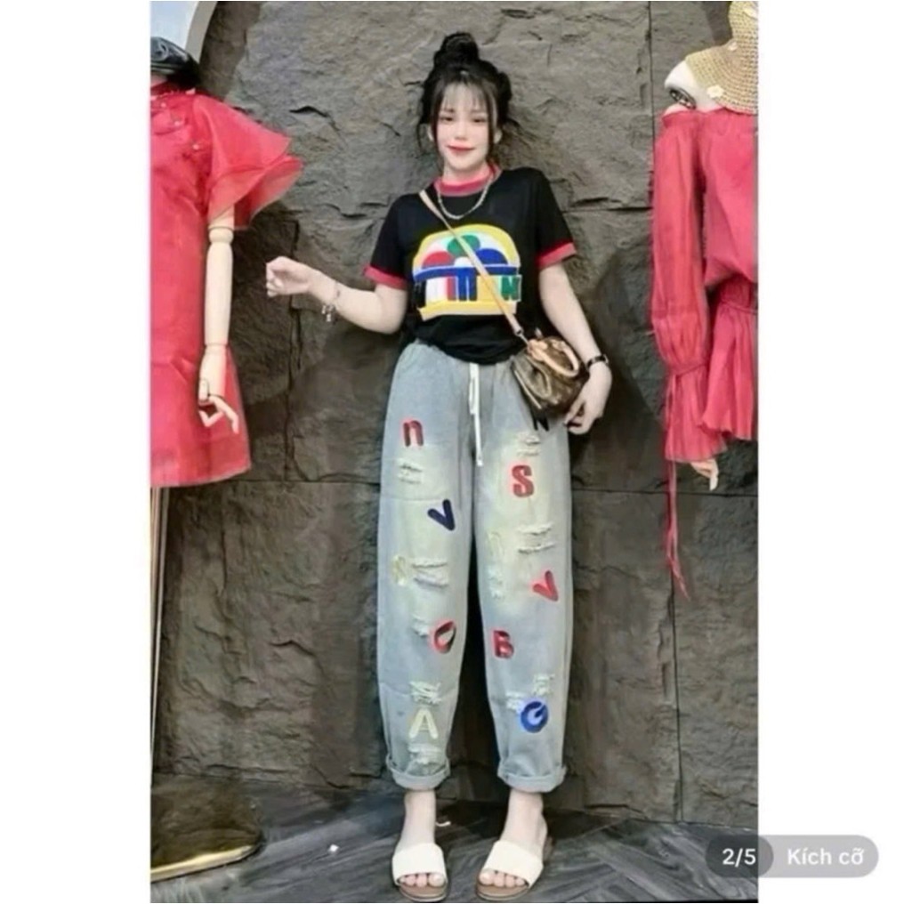 Quần Baggy Jean nữ hàng QCCC chất jean mềm hàng Bigsize Thêu chữ