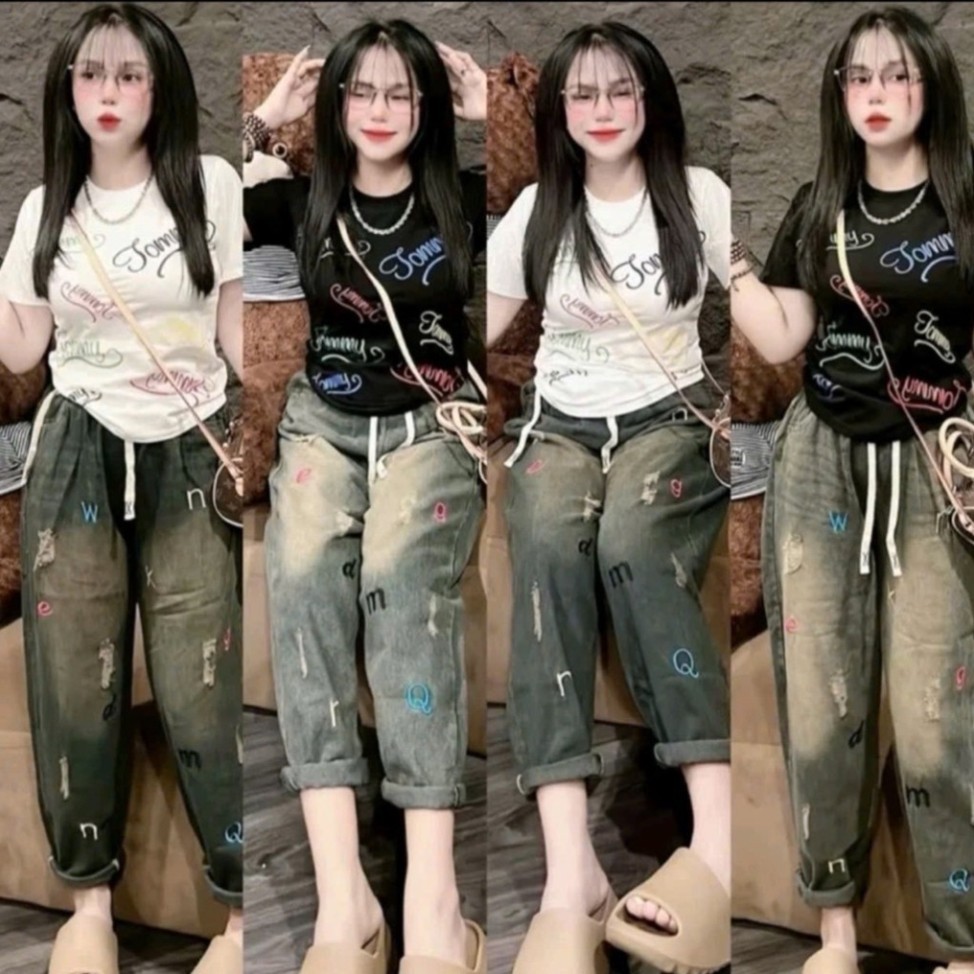 Quần Baggy Jean nữ hàng QCCC chất jean mềm hàng Bigsize Thêu chữ