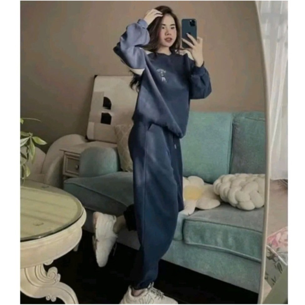 Bộ nỉ bông dáng thể thao thêu họa tiết phong cách tối giản cho nữ 38-72kg