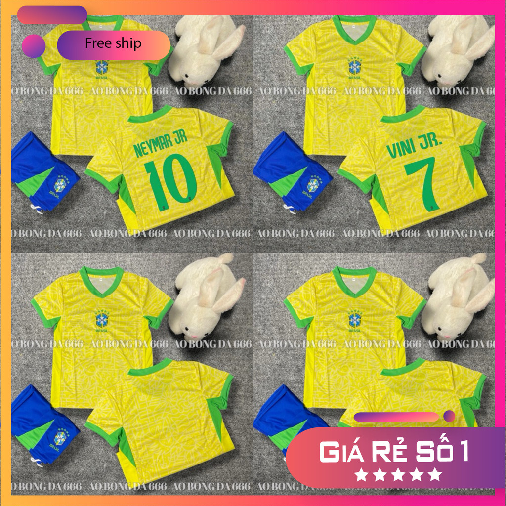 (FREE SHIP) Áo Bóng Đá, Áo Đá Banh Trẻ Em Brazil 2024 - Vải Mè Thái Cao Cấp - In Sẵn Tên cầu thủ