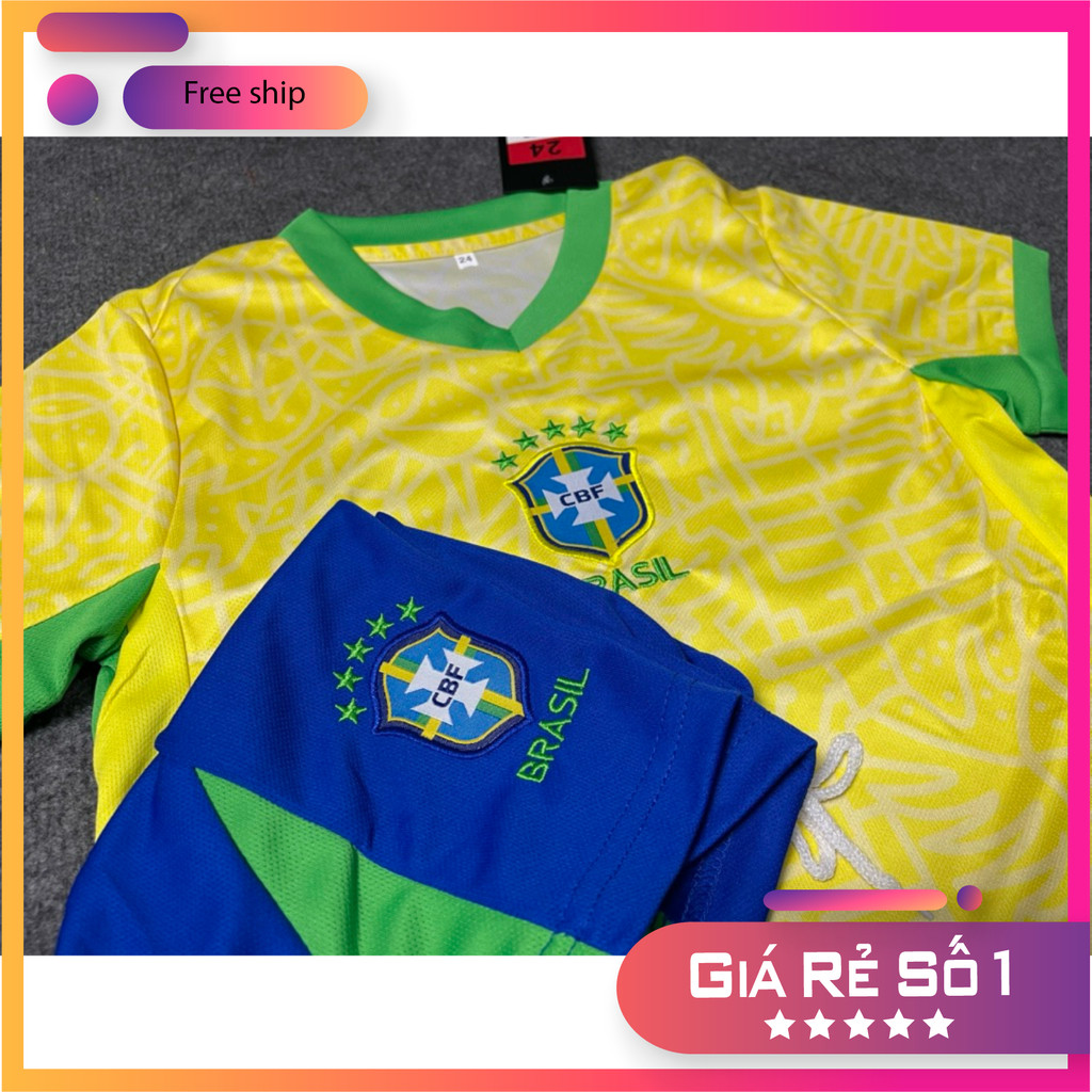(FREE SHIP) Áo Bóng Đá, Áo Đá Banh Trẻ Em Brazil 2024 - Vải Mè Thái Cao Cấp - In Sẵn Tên cầu thủ