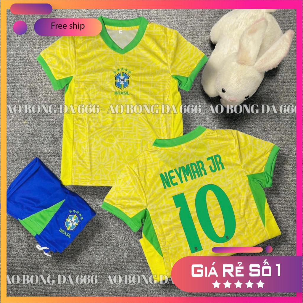 (FREE SHIP) Áo Bóng Đá, Áo Đá Banh Trẻ Em Brazil 2024 - Vải Mè Thái Cao Cấp - In Sẵn Tên cầu thủ