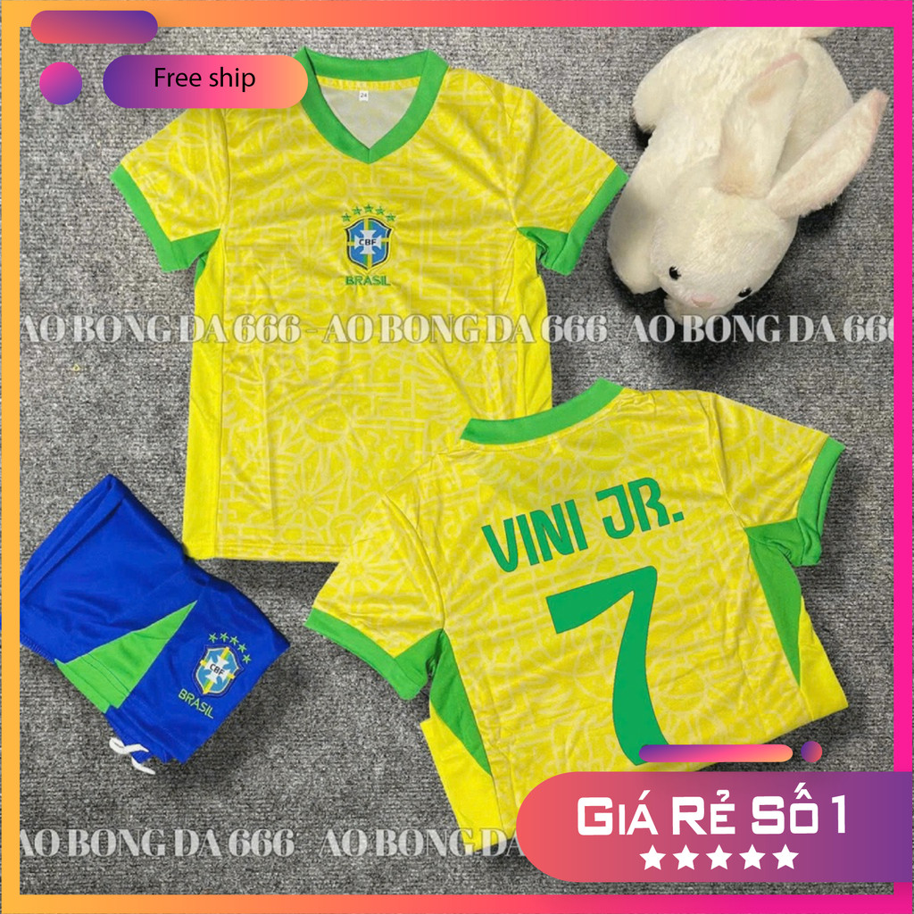(FREE SHIP) Áo Bóng Đá, Áo Đá Banh Trẻ Em Brazil 2024 - Vải Mè Thái Cao Cấp - In Sẵn Tên cầu thủ
