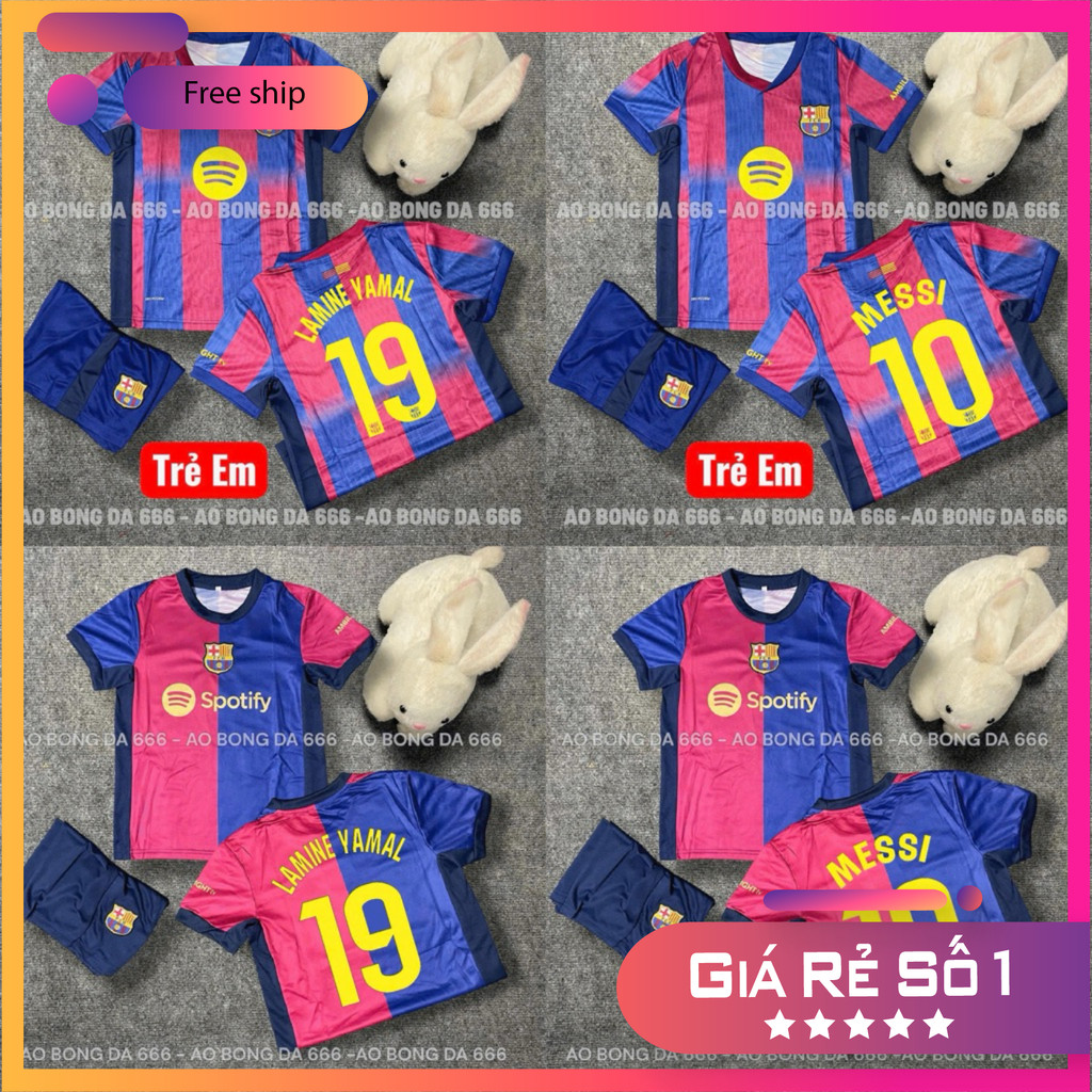(FREE SHIP) Bộ Quần Áo Bóng Đá Trẻ Em CLB Barca Sân Nhà 25/26, Áo Đá Banh Barcelona - Vải Mè Kim Cao Cấp