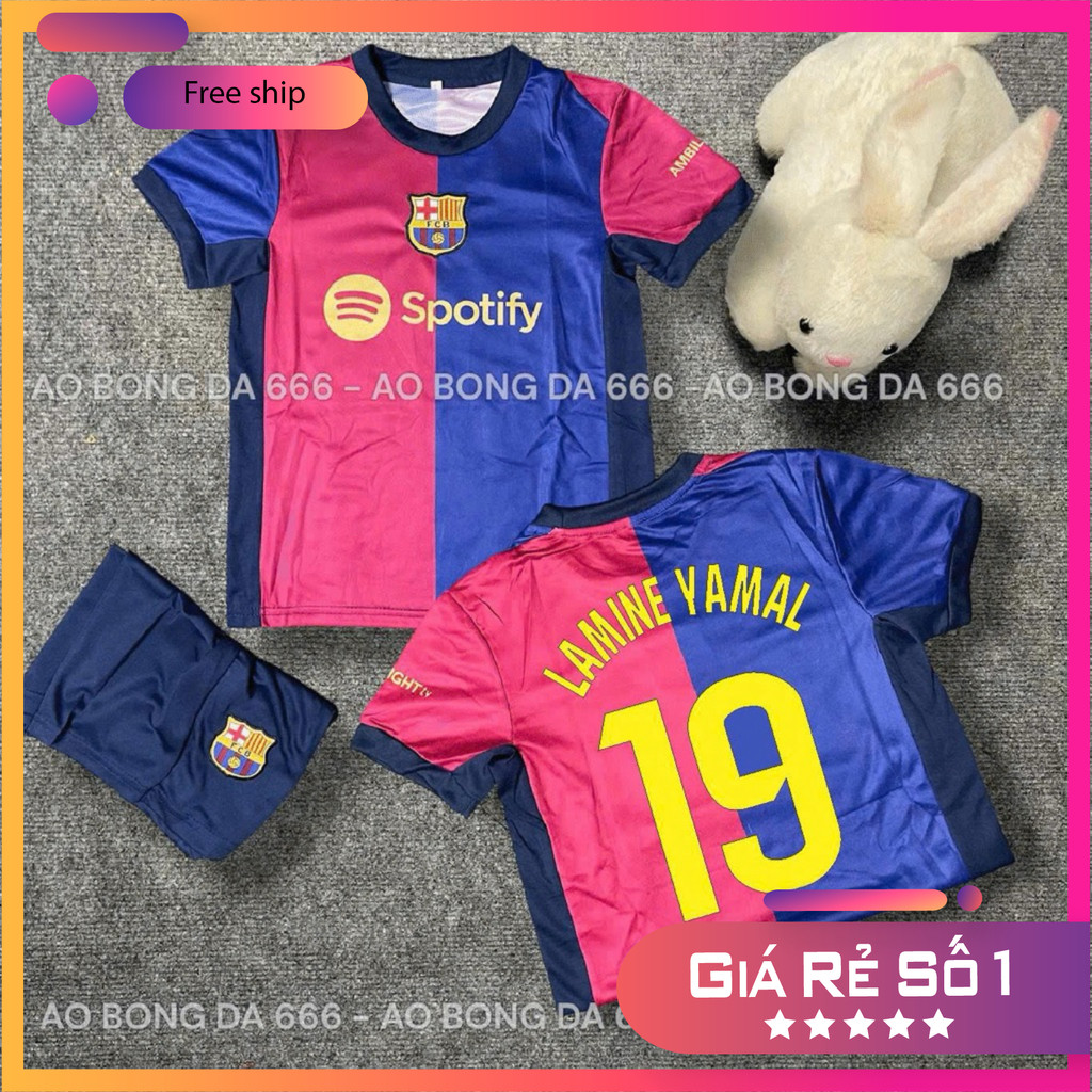 (FREE SHIP) Bộ Quần Áo Bóng Đá Trẻ Em CLB Barca Sân Nhà 25/26, Áo Đá Banh Barcelona - Vải Mè Kim Cao Cấp
