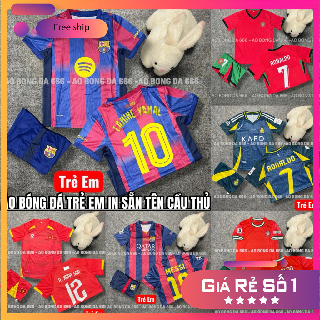 (FREE SHIP)Áo Bóng Đá, Áo Đá Banh Trẻ Em In Sẵn Ronaldo số 7 - Vải Mè Thái Cao Cấp - In Sẵn Cr7