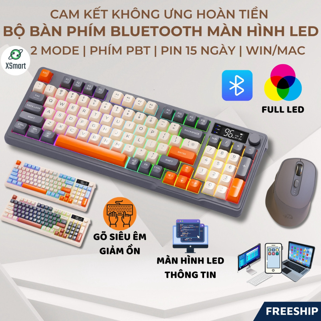 Bộ Bàn Phím Không Dây Bluetooth M96 LED 7 Màu Có Màn Hình, 2 Mode, Phím PBT Cao Cấp, Gõ Êm Chống Ồn Cho Win/ Mac OS .